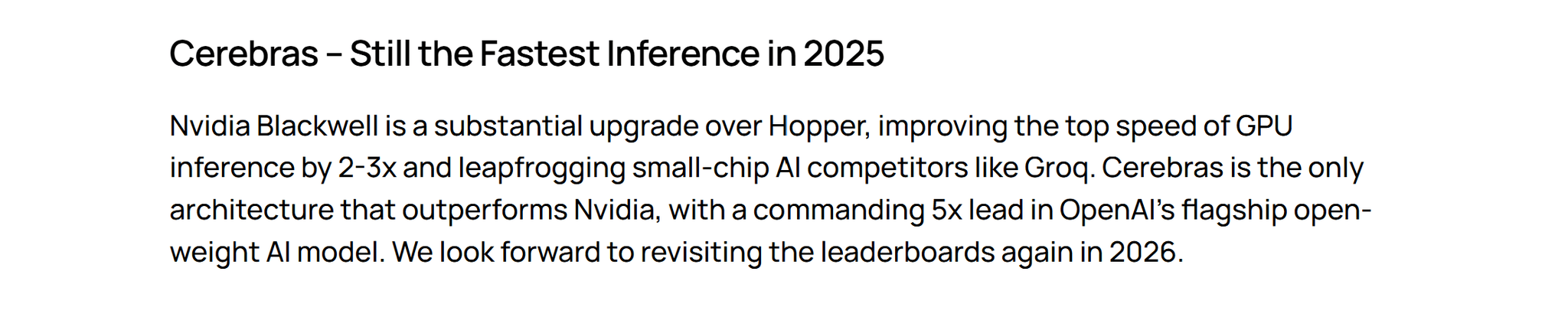 Cerebras blog text headed "Cerebras, still the fastest inference in 2025", saying Blackwell improves GPU inference by 2 to 3x and that Cerebras is the only architecture that outperforms NVIDIA, with a 5x lead on OpenAI's flagship open-weight model.