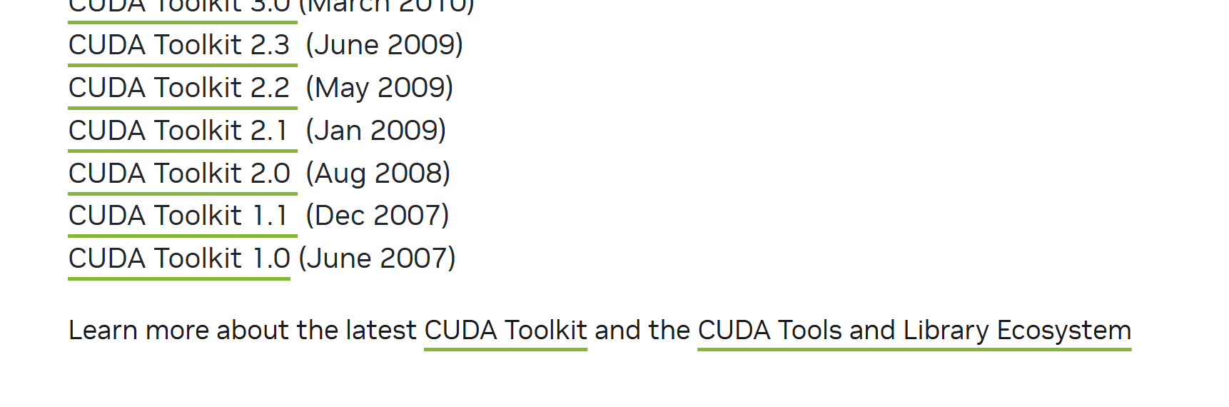 NVIDIA's CUDA Toolkit release archive, every version listed back to CUDA Toolkit 1.0 in June 2007. Eighteen years of releases, and a new chip starts at zero on all of it.
