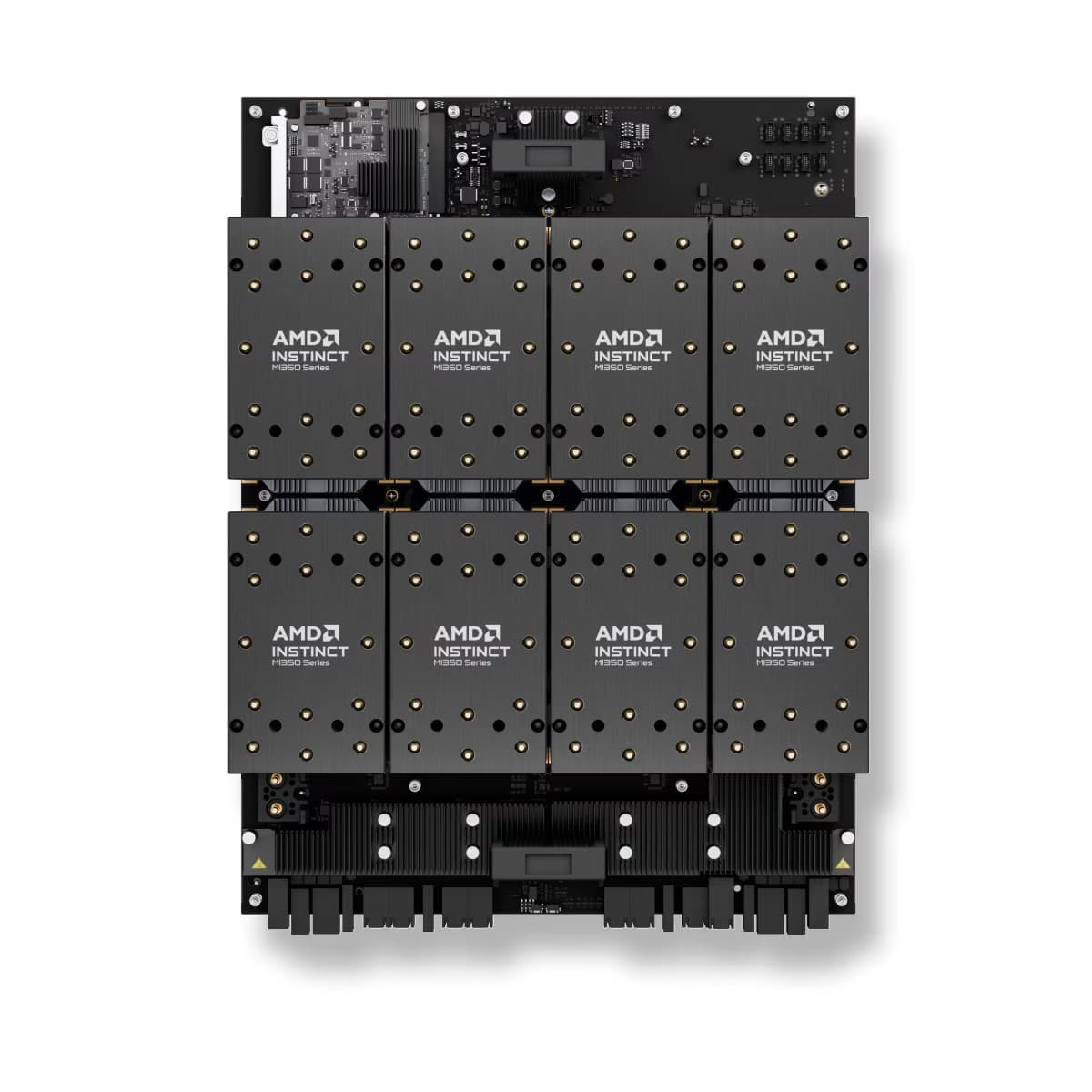 Front view of an AMD Instinct MI350 series platform with eight accelerator modules mounted on one board.
